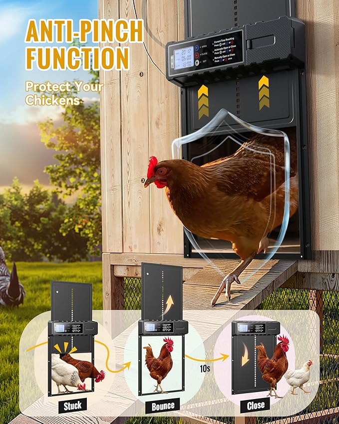 Automatic Chicken Coop Door Solar Powered with XL Large Size 10.8″x 14.2″ Auto Chicken Door Design with USB-C Charging & 3 Modes, Anti-Pinch & Aluminum Alloy Weather Proof-Black