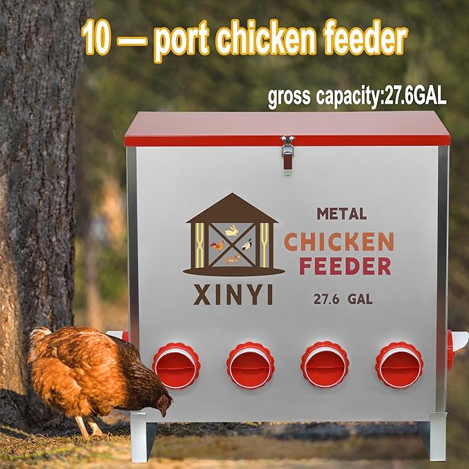 XINYI Automatic Metal Chicken Feeder, 27.6 Gallon Large Capacity with 10 No Waste Ports, Gravity Feeder with Locking Lid & Riveted Handles, Rodent Proof and Weatherproof for Your Chicken Coop