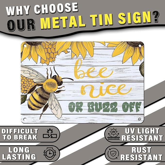 Bee Nice or Buzz Off Decor Sign Vintage Metal Tin Sign Country Farmhouse Decor Home Decor Rustic Farmhouse Decorations for The Home 8x12inch