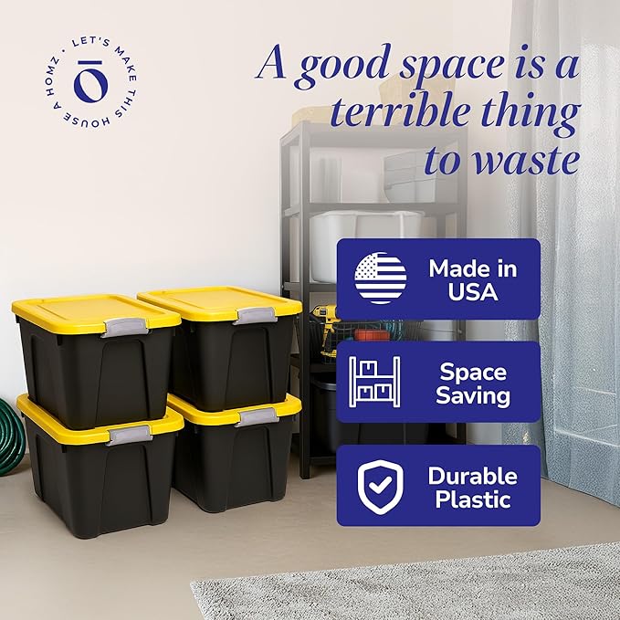 Homz 22-Gallon Durabilt Plastic Stackable Home Office Garage Storage Organization Container Bin w/Latching Lid and Handles, Black/Yellow (4 Pack)