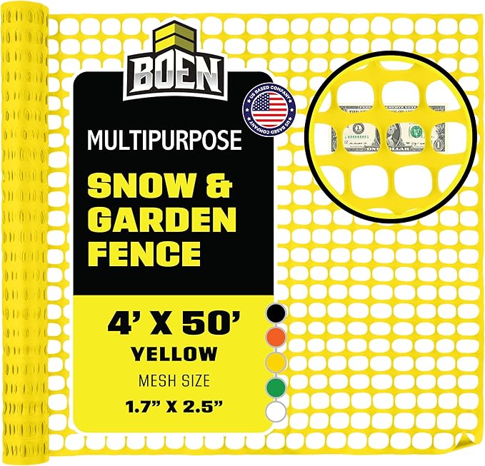 BOEN 4' x 50' Yellow Temporary Fencing, Mesh Snow Fence, Plastic, Safety Garden Netting, Above Ground Barrier, for Deer, Kids, Swimming Pool, Silt, Lawn, Rabbits, Poultry, Dogs