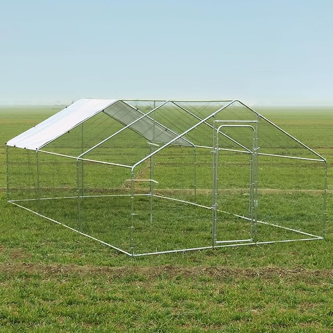 Chicken Coop Large Metal Chicken Run with Chicken Perch, Outdoor Dog Kennel with Roof Waterproof Anti-UV Cover Secure Lock for Outside Backyard Farm (19.7' L x 9.8' W x 6.72' H)