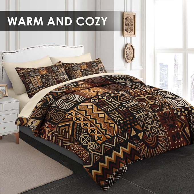 Comforter Set Twin Size, African Retro Floral 5 Pcs Bedding for Kids and Adults, Tribal Patchwork Abstract Bed Sheet Sets with Fitted Sheet Pillowcase & Sham for Bedroom Bed Decor