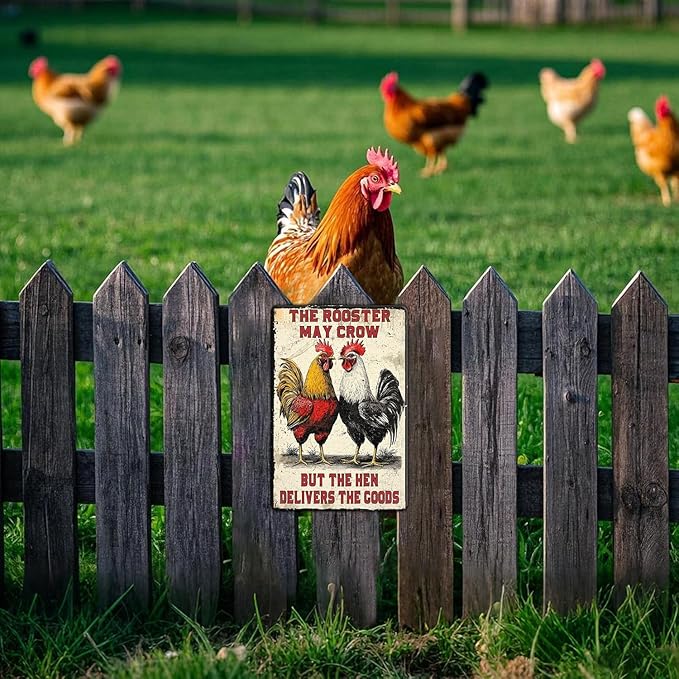 Funny Chicken Signs The Rooster May Crow But The Hen Delivers The Goods Aluminium Sign Metal Chicken Signs Decor Home Ktichen Farm Are Wall 12x8 Inch Vintage Chicken Signs Metal Tin Poster
