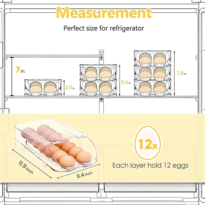 Egg Holder for Fridge, Automatic Steady Rolling Egg Container with Soft Bumpers & Handle for Refrigerator, Stackable Fridge Organizers and Storage with Lid