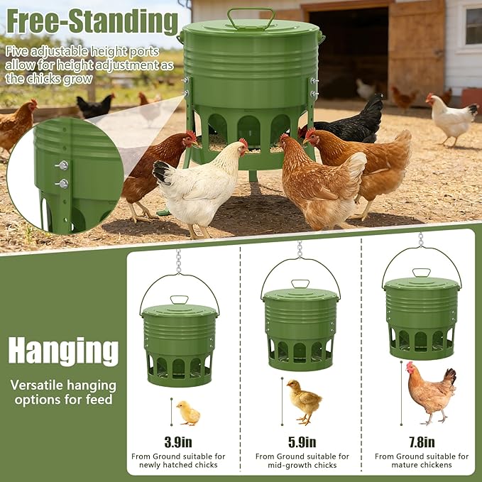 Metal Chicken Feeder No Waste, 20 Lbs Large Automatic Chicken Feeder with 12 Ports, Adjustable Height Poultry Feeder with Lid & Handle, Rat Proof Rust Proof Feed Box for Poultry & Backyard Chickens