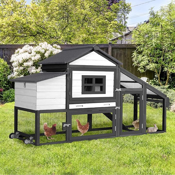 Mobile Chicken Coop with Wheels, Outdoor Hen House with Leak-Proof Tray, UV-Resistant Roof & Nesting Box for Chickens, Ducks, Rabbits (Black)