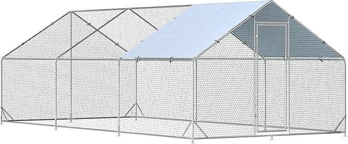 Large Metal Chicken Coop Walk-in Poultry Cage Hen Run House Habitat Spire Shaped Cage with Waterproof and Anti-Ultraviolet Cover for Outdoor Backyard Farm Use (19.68’ L×9.84’ W)