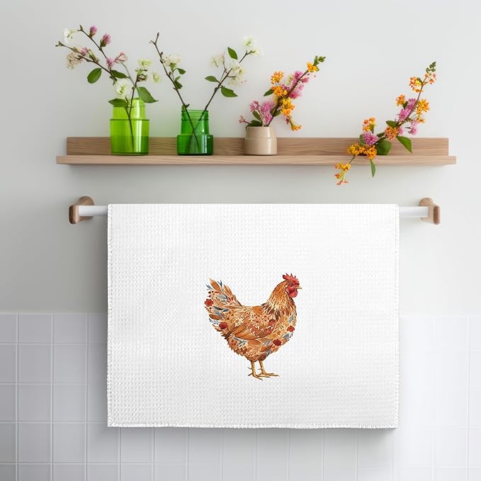 Rustic Red Floral Rooster Kitchen Towels, Gifts for Chicken Lovers Dish Tea Towels, Farmhouse Flower Chicken Decorative Hand Towel for Bathroom Kitchen, 16x24 Inch