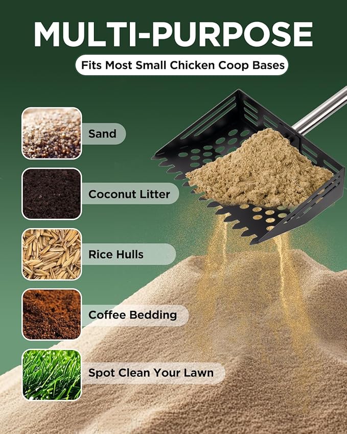 2-in-1 Chicken Poop Scooper & Rake, 10" Metal Coop Shovel, Sand Sifting Shovel with 38" to 66" Adjustable, Cleaning Tool for Chicken Coops & Farm Animals