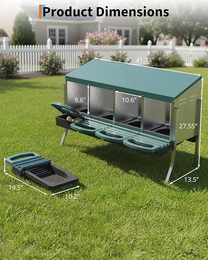 Chicken Nesting Box 4 Hole, Galvanized Steel Nest with Roll Away Egg Collection & Swing Perch, Easy-Clean Laying Box for Hens, Heavy Duty Design for Chicken Coop