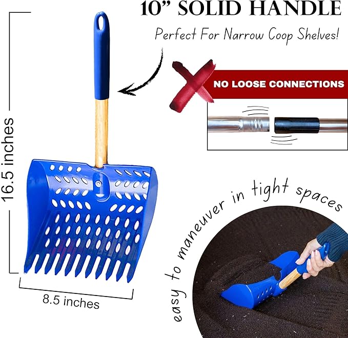 The Coop Scoop® Shelf 2-in-1 Chicken Poop Scooper & Rake – Made in The USA, Durable Sand Sifting Litter Shovel for Chicken Coops & Small Farm Animals (Shelf 10" Handle)