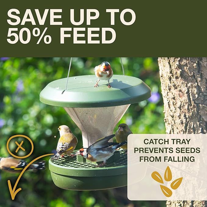 SWISSINNO Bird Feeders - No Mess Hanging Bird Feeder for Outdoors - Smart Birds Davos Spill Proof Wild Cardinal & Small Bird Feeder with Integrated Seed Catcher Tray - Dual Chamber - Green