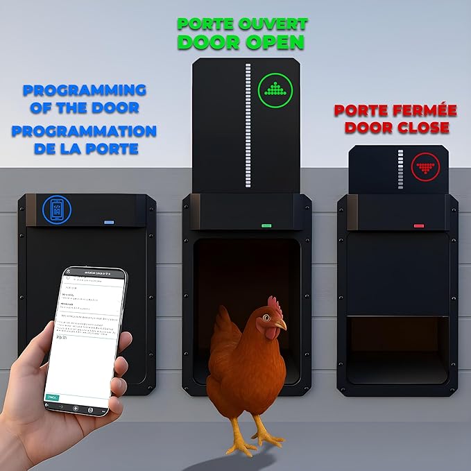 Ma Poule Express Door Automatic Chicken Coop Door Opener with Timer, Programmable Light Sensor, Battery Powered, Evening and Morning Delay, Aluminum