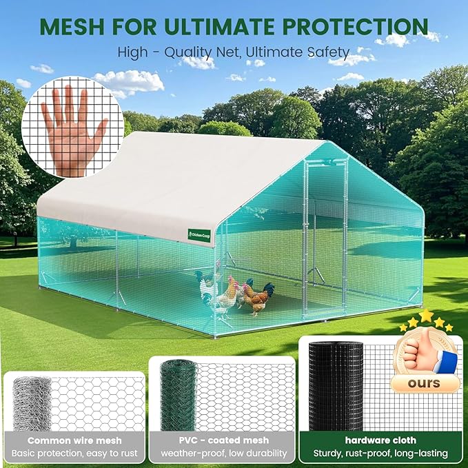 Large Walk-in Metal Chicken Coop with Chicken Run & Hardware Cloth, Solar Light, Waterproof & UV-Resistant Cover, Outdoor Poultry Cage for Farm Use,2 Room