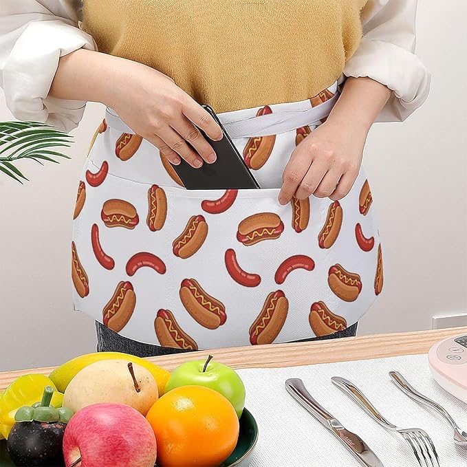 Unisex Chef Waiter Apron Waist Half Short Serving Aprons with 3 Pockets