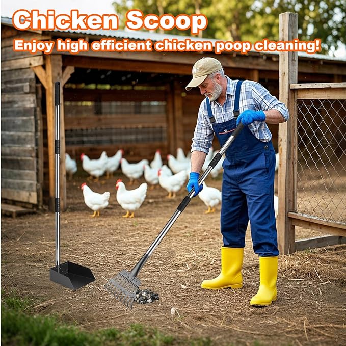 Mity Rain Chicken Coop Accessories, 2-in-1 Ergonomical Chicken Scooper for Cleaning and Sifting, Adjustable Poo Rake with Space-Saving Tray and Rake, Backyard Coops Supplies