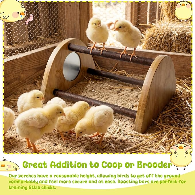 Mini Chick Perch with Mirror, Natural Willow Wood Roosting Bar for Coop&Brooder, Anti-Slip Training Perch for Baby Chicks, El Pollitos, La Pollita, Easy to Assemble&Clean, Fun Toys for Chick