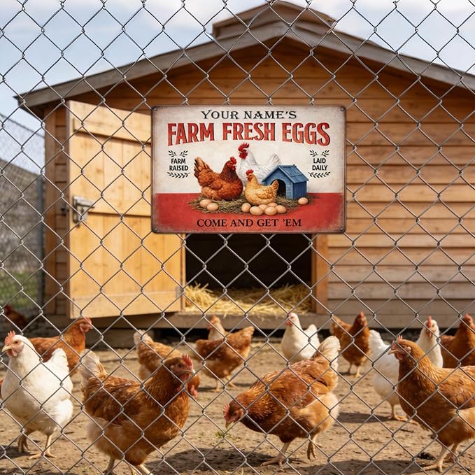 Personalized Metal Sign Farm Fresh Eggs Custom Name Rustic Wall Decor Farm Raised Laid Daily Chicken Coop Decor for Kitchen Backyard Barn Chicken Coop Gift