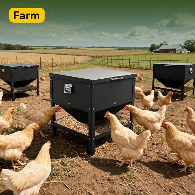 Large Metal Chicken Feeder, 80 LBS Heavy Duty Poultry Feeder Box with Waterproof Lid, No Waste Design for Hens, Roosters, Ducks, Suitable for Chicken Coops and Outdoor Use