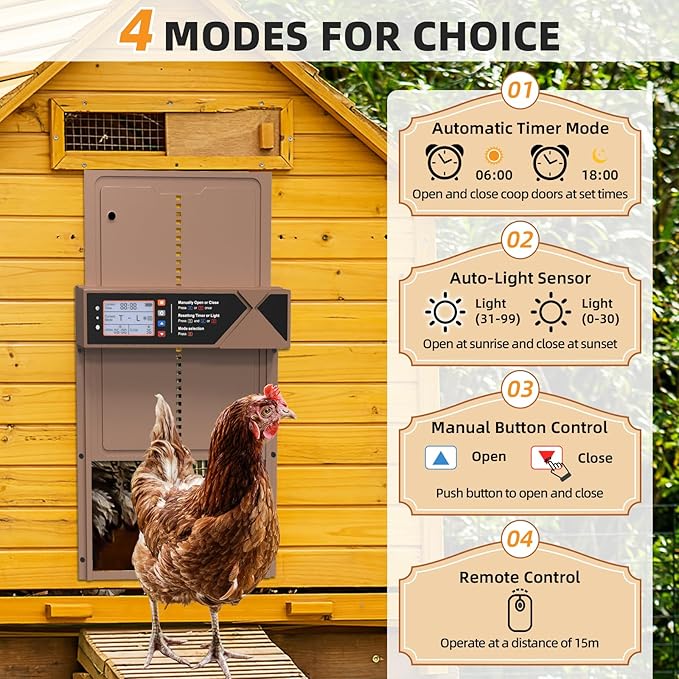 Automatic Chicken Coop Door, 4 Modes LCD Display Chicken Coop Door Solar Powered with Timer & Light Sensor, Aluminum Alloy Automatic Chicken Door with Anti-Pinch, IPX4 Waterproof
