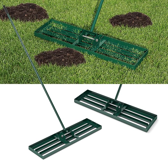 Happygrill Lawn Leveling Rake, Heavy Duty Lawn Level Tool for Soil w/67” Handle, Dirt Ground Leveler, Effort-Saving Landscape Rake for Garden, Backyard, Golf Course, Farm, Pasture (36" x 10", Green)