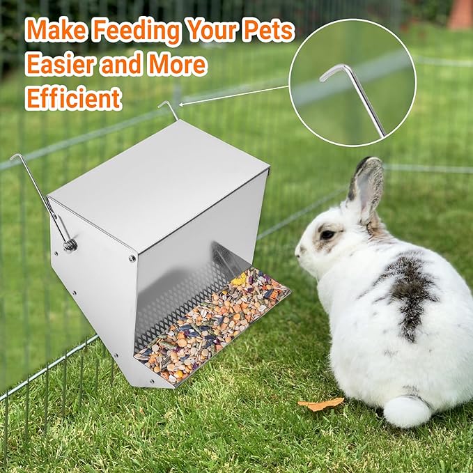 Rabbit Feeders Automatic for Cages,3.5 Pound Large Metal Trough Feeder with Lid Galvanized Steel Outdoor Bunny Food Dispenser for Rabbits Chicken Guinea Pig Pet and Other Small Animals