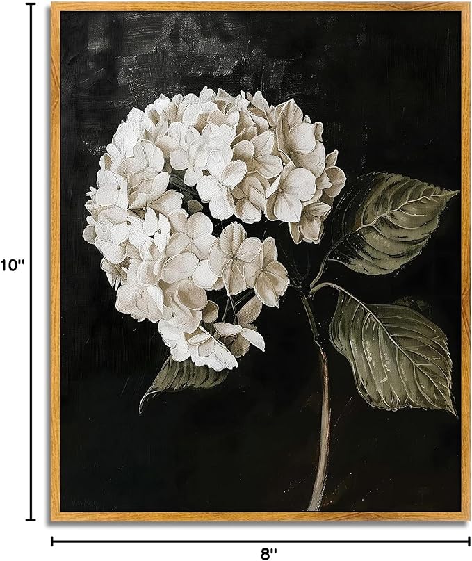 Vintage Flower Framed Wall Art Farmhouse Botanical Pictures Black White Hydrangea Painting Dark Floral Poster Rustic Plant Artwork White Hydrangea Pictures Antique Still Life Painting 8x10inch Framed