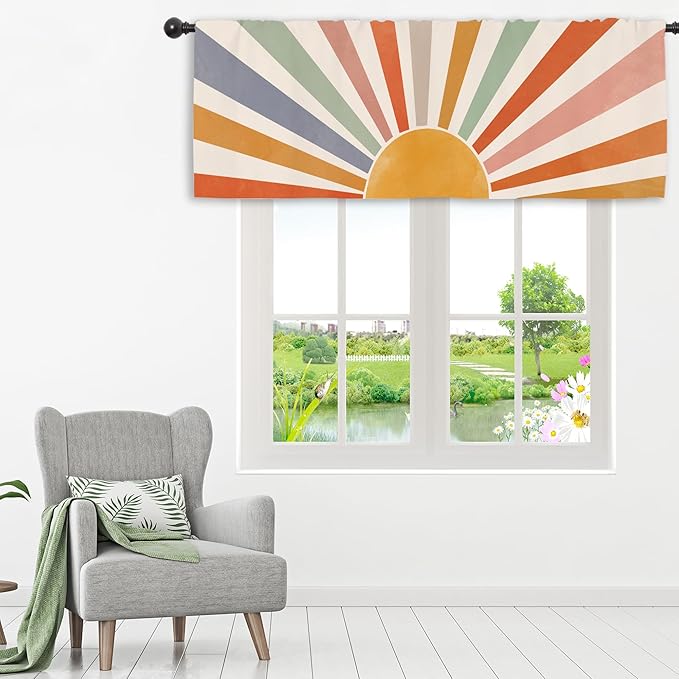 Miyotaa Sun Pastel Kitchen Curtain Valance 54W x 18H Rod Pocket Vintage Retro Colorful 70s Sunrise Sunset Window Treatment for Living Room Bedroom Bathroom Party