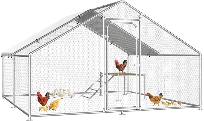 Large Metal Chicken Coop with Roosting Ladder, UV-Resistant and Waterproof Cover, Outdoor Walk-in Cage Hen House for Yard Farm Rabbit Duck Chicken Run, Spire Roof (13.1'W x 9.8'L x 6.4'H)