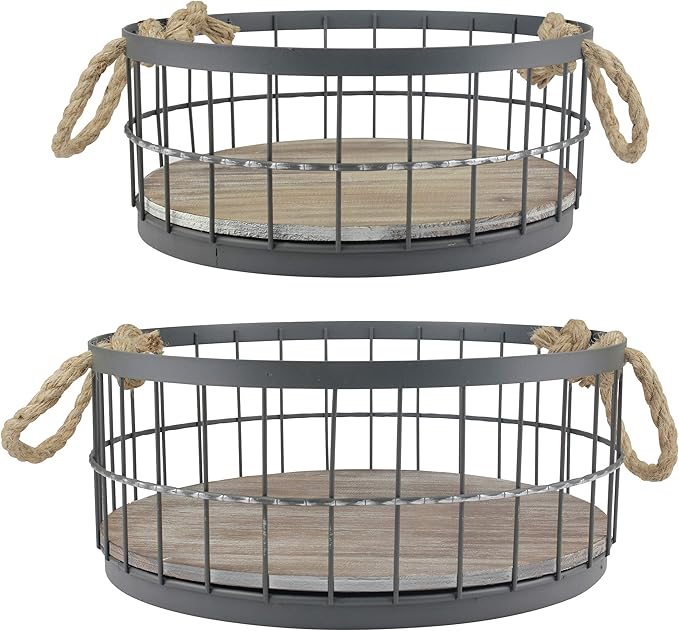 Stonebriar 2pc Round Stackable Metal Wire and Wood Basket Set with Rope Handles, Rustic Decor for Home Storage, Decorative Serving Baskets for Weddings, Birthdays, and Holiday Parties