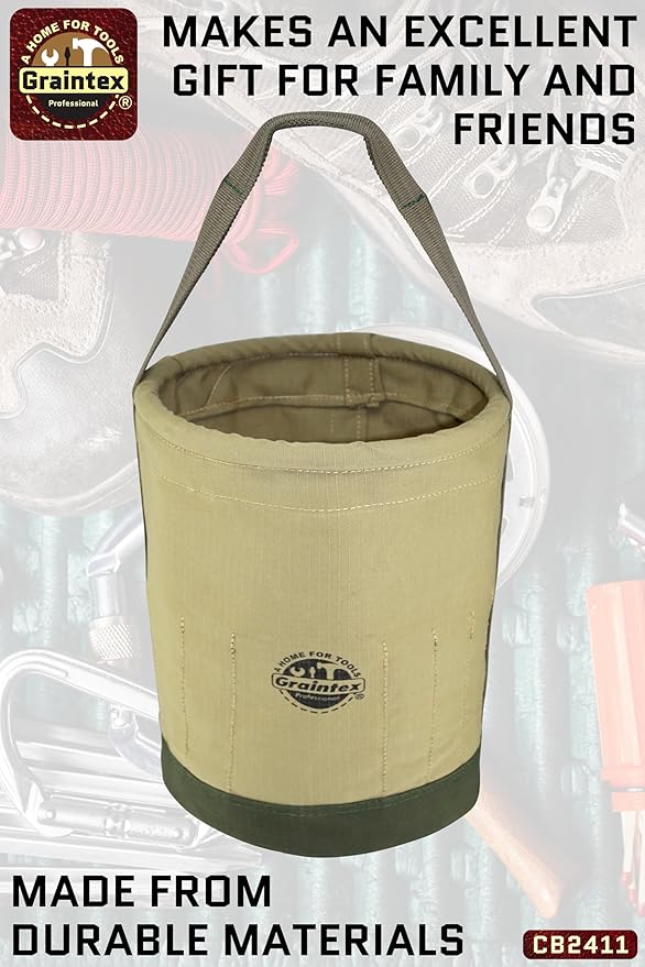 Graintex Tapered Canvas Bucket 12"x10"x15", Utility Tool Bucket 16 Inside Pockets, Reinforced Base & Carry Handle, Ripstop Canvas, Multi-Purpose Bag for Jobsite & Home Use for Tool Storage Solutions