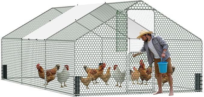 Large Metal Chicken Coop, Walk-in Chicken Run with Feeding Door, Security Lock and Cover, Outdoor Duck/Rabbit Cage Poultry Pen for Backyard, Farm, Yard (Silver - Spire Roof, 19.7 x 9.8 x 6.5 FT)