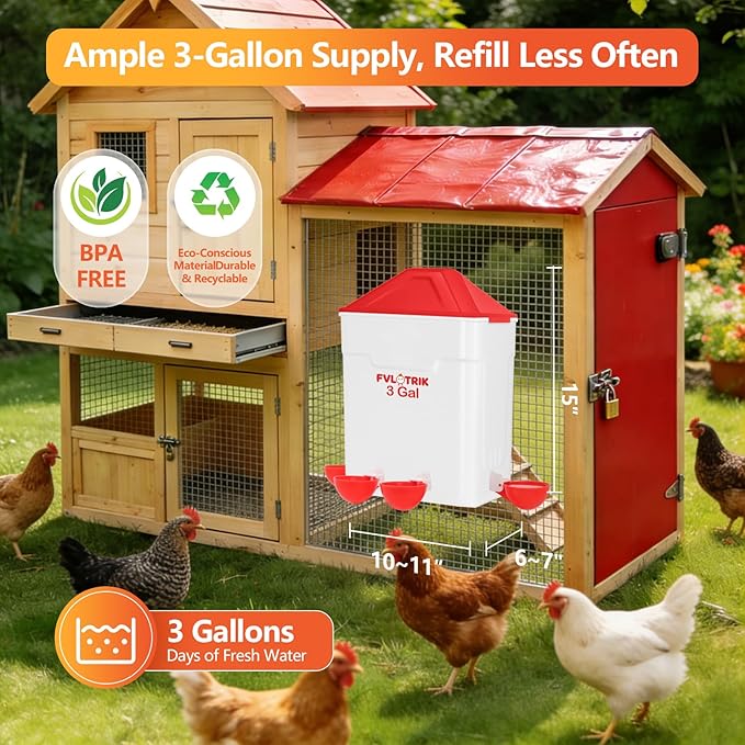 3 Gallon Chicken Waterer and Feeder Set with Legs, 2.75' Watering Cups & 3.5" Feed Ports for Large Beaks, Automatic No-Waste Feeders and Waterers, Easy No-Tools Assembly