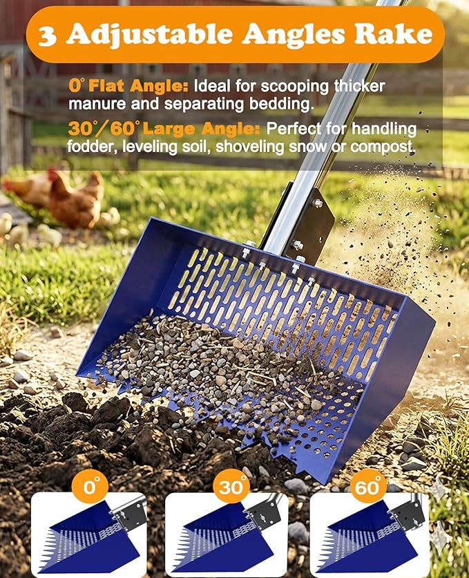 INNOLAND Chicken Poop Scooper & Rake with 3-Angle Adjustable Sifting Shovel, 12" Stainless Steel Chicken Coop Scoop for Sand, 22-64" No-Bend Poultry Litter Cleaner for Chicken Coop & Animals House