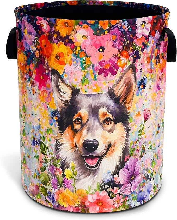 Dog Laundry Basket Oxford Cloth Pet Flowers Laundry Hamper With Handle Foldable Portable Clothes Storage Basket 18.9 X 16.5 In Storage Bag For Laundry Room/Bathroom/Bedroom/Dormitories