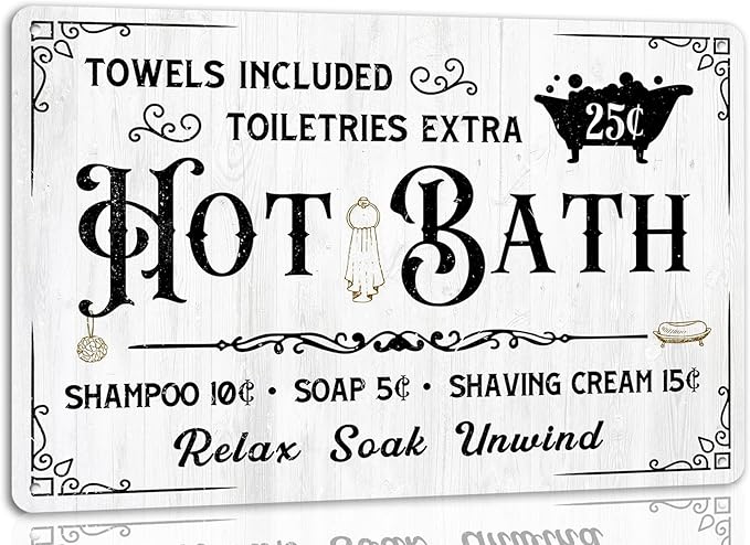 Generic Hot Bath Shampoo Metal Tin Sign Soap Poster Relax Soak Unwind Towels Included Bar Farmhouse Bathroom Home Wall Decor Art Vintage Plaque 8x12 Inch