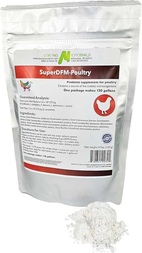 SuperDFM Poultry - All-Natural Probiotics for Chickens, Ducks, Quails & More - Poultry Supplements for Digestive & Immune Support - Makes 120 Gallons - 4.7oz (135g)