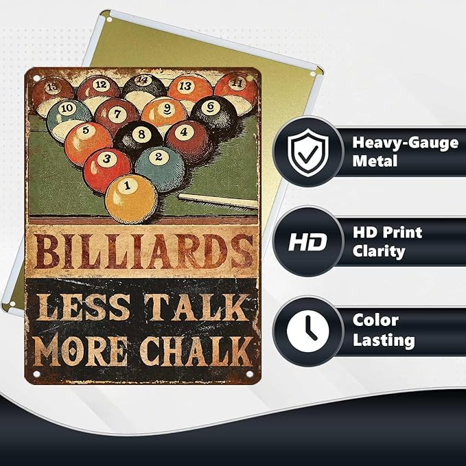 Retro Billiards Tin Sign Less Talk More Chalk Metal Wall Decor with 8 Ball & Pool Cue Decorations for Man Cave Game Room Basement Bar Pub Tavern Wall Art 16 * 12 In