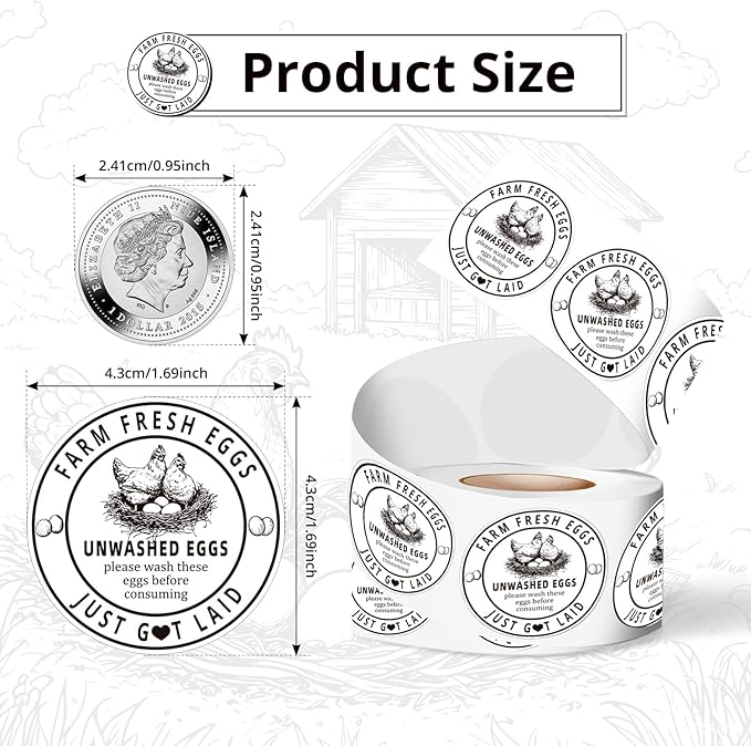 500Pcs Farm Fresh Egg Carton Stickers Labels, 1.7 Inch Self Adhesive Unwashed Eggs Lables for Farm Small Businesses and Chicken Farms Farmers Markets