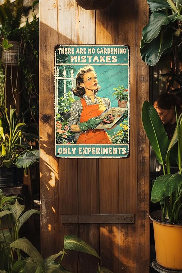 Vintage Garden Metal Sign Gardener Gardening Girl Poster There Are No Gardening Mistakes Only Experiments Metal Poster Garden Home Art Wall Decor 16x12 Inch