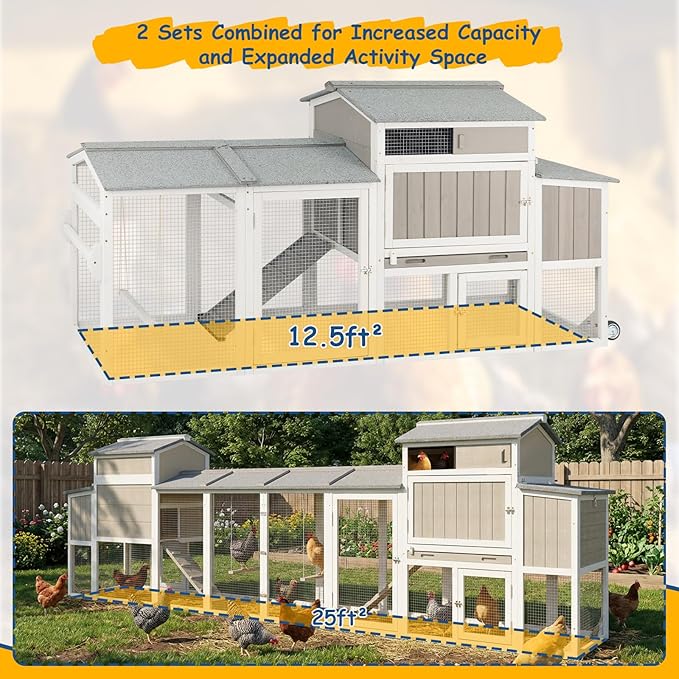 Wooden Chicken Coop with Wheels – Large Movable Outdoor Hen House with Waterproof Asphalt Roof, Nesting Box & Easy-Clean Tray Spacious Backyard Poultry Tractor (Grey, 77.4"L x 23.2"W x 39.2"H)