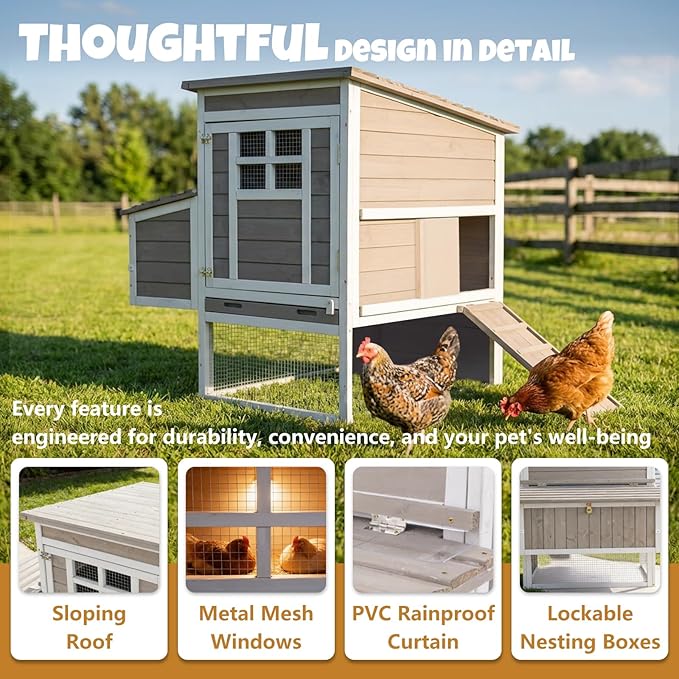 2-Story Wooden Chicken Coop, Outdoor Poultry House with Removable Leak-Proof Tray, 3 Nesting Boxes, 2 Perches Ventilation Metal Mesh, Rabbit Hutch for Small Animals, Backyard, Garden