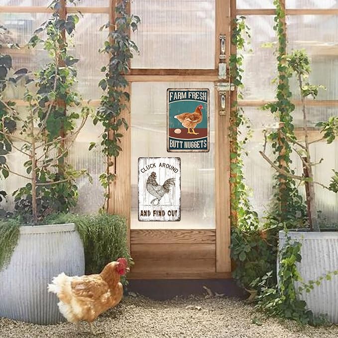 Chicken Coop Signs, Cluck Around and Find Out Sign Chicken Metal Tin Signs for Farmhouse Kitchen Home Wall Art Decor Farm Sign Funny Chickens Gifts for Women Outdoor Garden Accessories 8x12 Inch