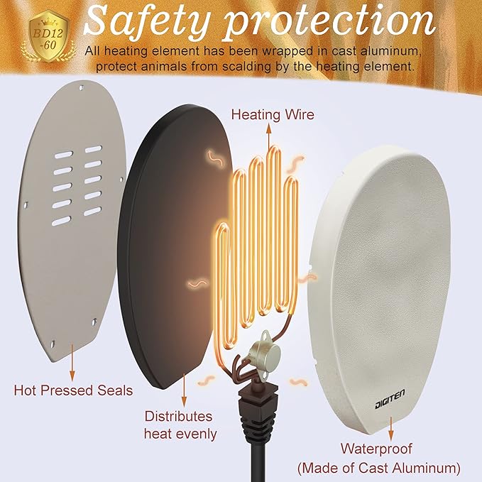 DIGITEN Birdbath Deicer Bird Bath Heater for Outdoors in Winter Thermostatically Controlled Chicken Water Heater Made of Heavy Duty Premium Cast Aluminum 60W Immersion Deicer for Garden Yard Lawn