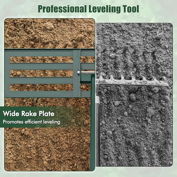 Happygrill Lawn Leveling Rake, Heavy Duty Lawn Level Tool for Soil w/67” Handle, Dirt Ground Leveler, Effort-Saving Landscape Rake for Garden, Backyard, Golf Course, Farm, Pasture (36" x 10", Green)