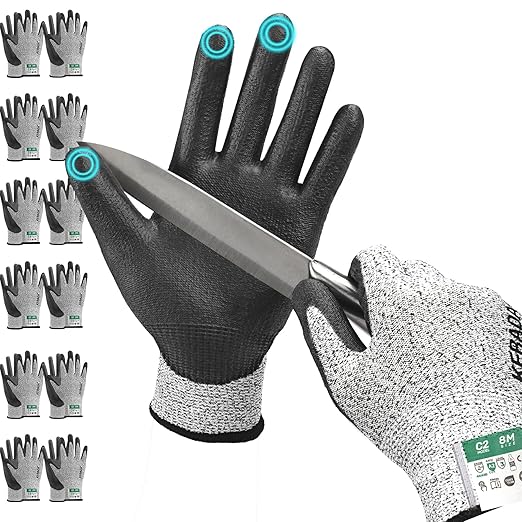 Kebada C2 Cut Resistant Gloves, ANSI A2, PU-Coated Work Gloves with Grip, Touchscreen Compatible, Ideal for Safety Protection & Anti-Cut Tasks, 12 Pairs, Large