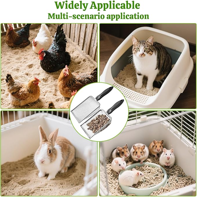 Chicken Poop Scooper for Coop,2 Pack Chicken Coop Poop Scoop Shovel with 3.8mm & 5mm Mesh, Metal Chicken Coop Rake and Scoop Tool,Scooper Shovel for Sifting Sand, Litter, Chicken Supplies