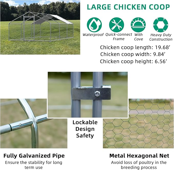 VIVIJASON Outdoor Metal Chicken Coop Large Walk-in Poultry Cage Hen Run House Rabbits Habitat Cages Spire Shaped Coop with Waterproof and Anti-UV Cover for Yard Farm (19.68' L x 9.84' W x 6.56' H)