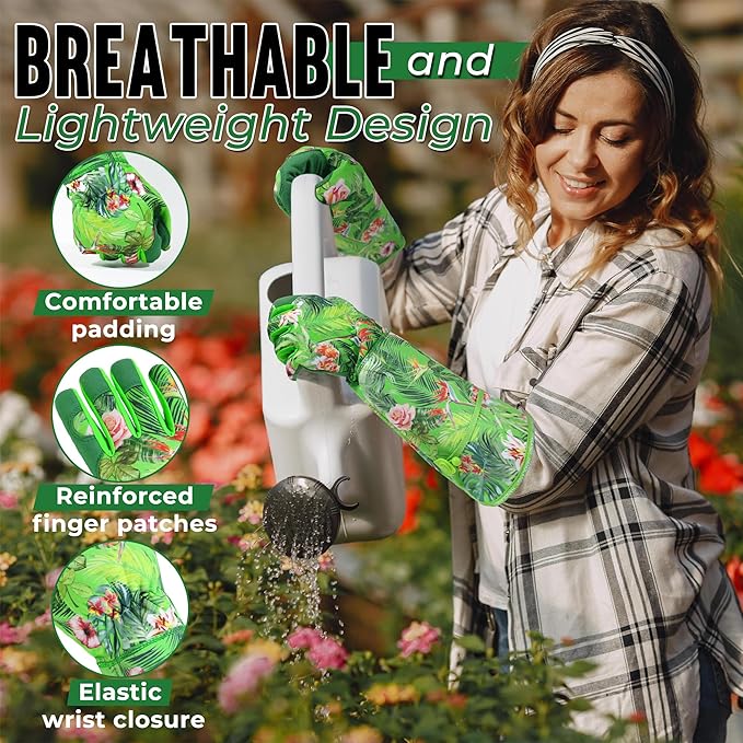 HANDLANDY Women Gardening Gloves, Scratch Resistant Breathable Ladies Rose Pruning Long Gauntlet Floral Print Garden Yard Gloves, Gift for Gardeners (Grass Green, M)